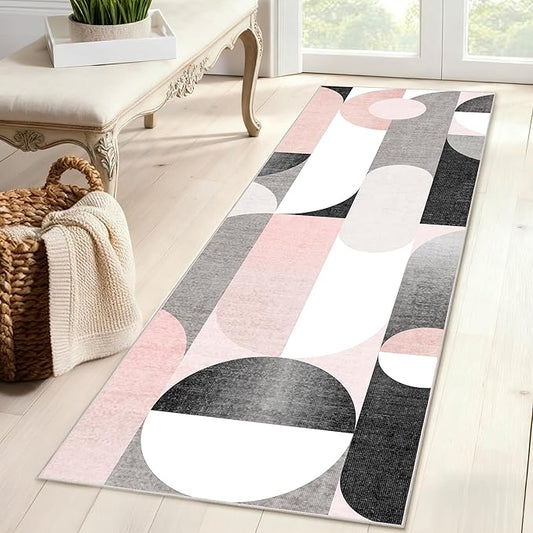 Pink Runner Rug 2x6 Washable Rug Runners for Hallway Kitchen,Long Modern Rugs for Bedroom Entryway Bathroom,Non Slip Floor Carpet,Blush Grey Black