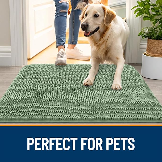 OLANLY Dog Door Mat for Muddy Paws 44x32, Absorbs Moisture and Dirt, Absorbent Non-Slip Washable Doormat, Quick Dry Chenille Mud Mat, Entry Indoor Entryway Carpet for Inside Floor, Olive Green
