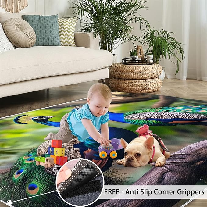 Peacock Rugs for Bedroom - 5x7 Rug, Peacock Couples Area Rugs for Living Room, Nature Carpet, Peafowl Washable Area Mat, Malachite Green Feather Carpet - Peafowl Home Decor & Gifts