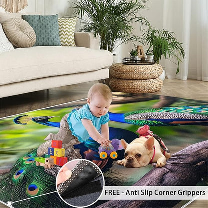 Peacock Rugs for Bedroom - 4x6 Rug, Peacock Couples Area Rugs for Living Room, Nature Carpet, Peafowl Washable Area Mat, Malachite Green Feather Carpet - Peafowl Home Decor & Gifts