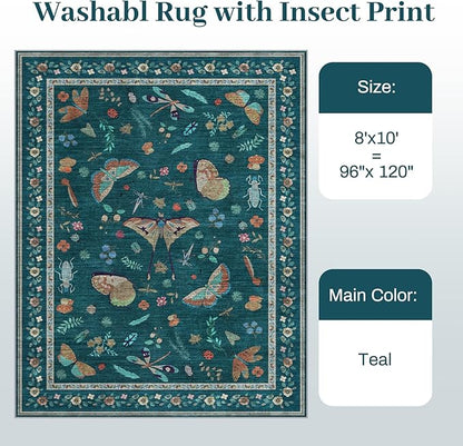 8x10 Area Rugs with Insect Print - Bug Rug Non-Shedding Stain Resistant Soft Carpet for Bedroom, Low Pile Ultra-Thin Machine Washable Carpet for Dining Room, Kids Nursery, Office (8'x10' Teal)