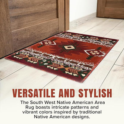 YHSF South West Native American Area Rug C318 - Easy Clean, Thick, Soft, Durable Native Tribal American Indian Inspired Rug for Bedroom/Living Room and more - Rust, 2 Feet 4 Inches x 10 Feet 11 Inches
