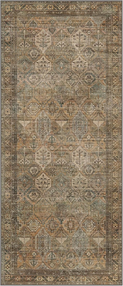 Bavni Runner Rug 3x7 Kitchen Rugs for Hallways Entryway, Washable Vintage Print Carpet, Ultra-Thin Chenille Low Pile Lightweight Rug with Non Slip Backing, Warm Taupe