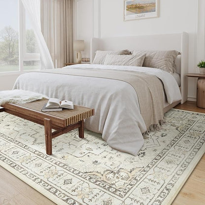 zesthome Area Rug 8x10,Ultra-Thin Washable Rugs for Living Room, Non-Slip Backing Area Rugs,Small Entryway Rug,Vintage Medallion Pattern Rugs (Beige,8'x10')
