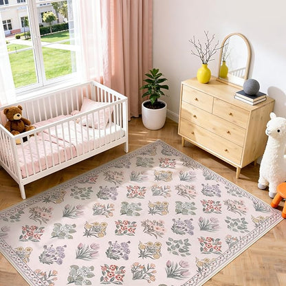 Wonnitar Pink Rugs for Bedroom Girls Nursery, Floral Print 5x7 Washable Rug, Boho Ultra-Thin Non Slip Soft Cozy Carpet for Room Decor Kids Playroom Office Living Room, Pale Pink