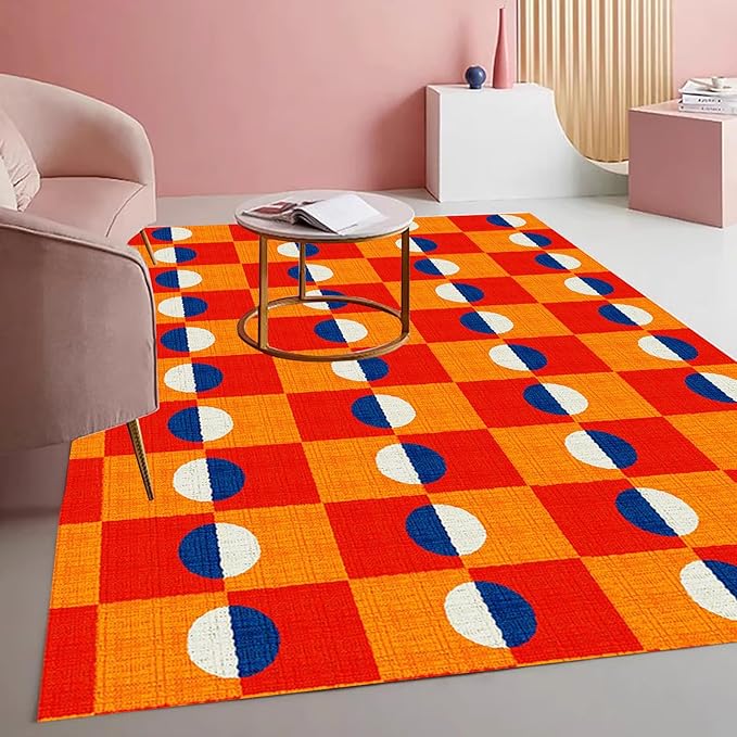 Modern Checkerboard Area Rug with Orange and Red Pattern Vibrant Non Slip Washable 8x10 Rugs for Living Room Dining Room Bedroom Home Office Playroom Large Indoor Carpet Durable Bathmat