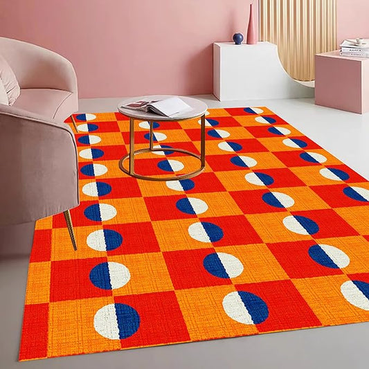 Modern Checkerboard Area Rug with Orange and Red Pattern Vibrant Non Slip Washable 8x10 Rugs for Living Room Dining Room Bedroom Home Office Playroom Large Indoor Carpet Durable Bathmat