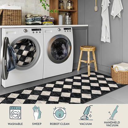 Lahome Checkered Washable Rug Runners for Hallways Non Slip,2x10 Black Kitchen Bathroom Runner Rug,Trellis Low Pile Indoor Carpet Runner for Bedroom Entryway Foyer(2'x10',Black)