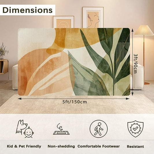 Boho Tropical Leaves Washable Living Room Area Rug, Low Profile Abstract Pattern, 3x5 Non-Slip Backing Carpet for Kitchen, Bedroom, Dining Room