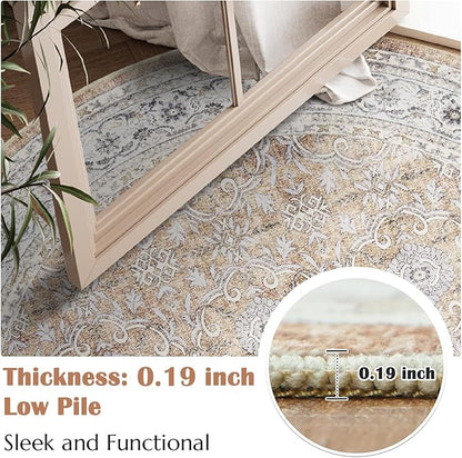 jinchan Round Rug 7ft Washable Circle Soft Rug - Low Pile Vintage 7'Round Indoor Orange Floral Print Stain Resistant Boho Carpet Ultra-Thin Non-Slip for Living Room Bedroom Dining Room Kitchen