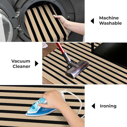 KOZYFLY 5x7 Ft Area Rug Striped Outdoor Rug Brown and Black Washable Indoor Outdoor Rug Cotton Outdoor Patio Rugs Farmhouse Rugs for Living Room Carpet for Patio Dining Room Bedroom