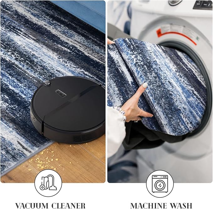 Modern Abstract Runner Rug 2x6, Navy Blue Washable Kitchen Runner Non-Slip Soft Hallway Rug Runner Thin Print Faux Wool Carpet for Entryway Bedroom Laundry Room Indoor Home Decor
