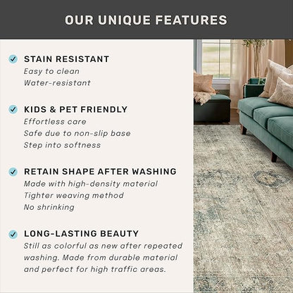 Washable Kitchen Runner Rug 2x6, Green and Brown Low Pile Soft Rugs for Bedroom Beside Bed, Runner Carpets for Hallway Non Slip, Entryway, Bathroom, Vintage Medallion Abstract Décor