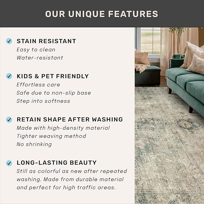 Moss Green Farmhouse 3x5 Large Entryway Rugs Indoor - Non Slip Washable Area Rug for Kitchen, Laundry Room, Low Pile Soft Carpet for Bedroom, Stain Resistant Vintage Indoor Decor