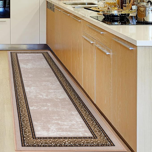 Antep Rugs Alfombras Bordered Modern 2x5 Non-Slip (Non-Skid) Low Pile Rubber Backing Kitchen Area Runner Rug (Beige, 2' x 5')