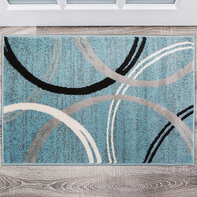 Rugshop Modern Wavy Circles Design Accent Rug, Carpet with Jute Backing for Entryway, Bathroom, or Kitchen, Blue, 2' x 3'