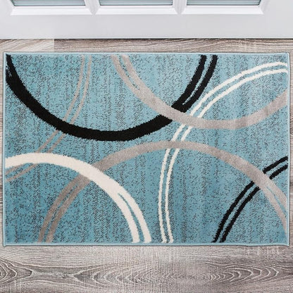 Rugshop Modern Wavy Circles Design Accent Rug, Carpet with Jute Backing for Entryway, Bathroom, or Kitchen, Blue, 2' x 3'