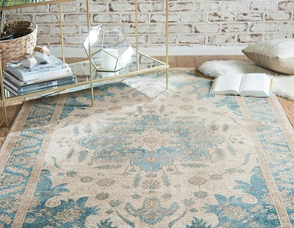 Unique Loom Salzburg Collection Classic Traditional Design Oriental Inspired Border Area Rug (4' 0 x 4' 0 Round, Beige/Blue)