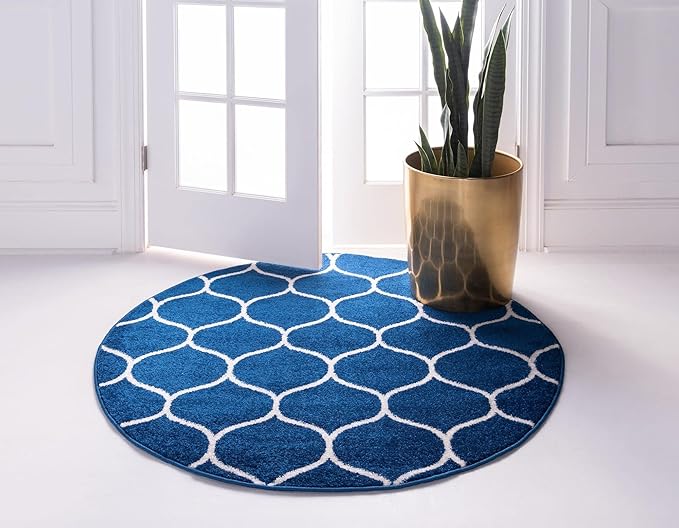 Rugs.com Lattice Frieze Collection Rug – 8' Round Navy Blue Medium Rug Perfect for Kitchens, Dining Rooms