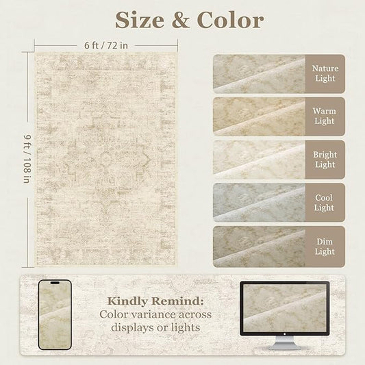 Distressed Beige Rugs for Living Room 6x9, Low Pile Thin Area Rugs for Bedroom Manchine Washable Non Slip, Natural Farmhouse Medallion Pinted Carpet for Dining Room Guest Room Home Office