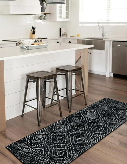 Wonnitar Washable Kitchen Runner Rug 2x6, Moroccan Black Runners for Hallway, Non Slip Bohemian Soft Bathroom Throw Mat Geometric Carpet Runner for Laundry Entryway Bedroom (Black,2'x6')