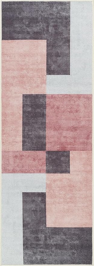 Bloom Rugs Washable Non-Slip 12 ft Runner - Pink/Dark Gray Modern Geometric Runner for Entryway, Hallway, Bathroom, and Kitchen - Exact Size: 2.5' x 12'