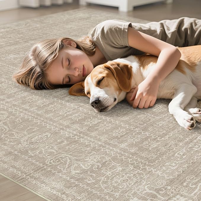 6x9 Area Rugs Living Room: Washable Large Vintage Rug Neutral Non-Slip Soft Stain Resistant Indoor Carpet for Bedroom Nursery Dining Room Under Table Bed Home House Office Playroom - Brown