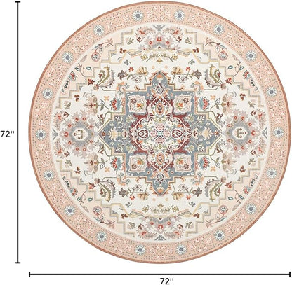 Phantoscope Washable Round Area Rug 6ft Non-Slip, Vintage Boho Rugs for Living Room, Bedroom, Dining Room, Persian Floral Medallion Pattern, Low-Pile Foldable Floor Carpet, Ivory Rose/Fall Bloom