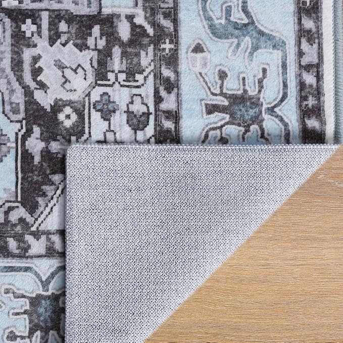 Washable Area Rug 3x5 , Low Pile Super Soft Carpet, Vitnage Distressed Rug for Bedroom, Living Room, Dining Room, Non-Slip, Low Pile, Blue