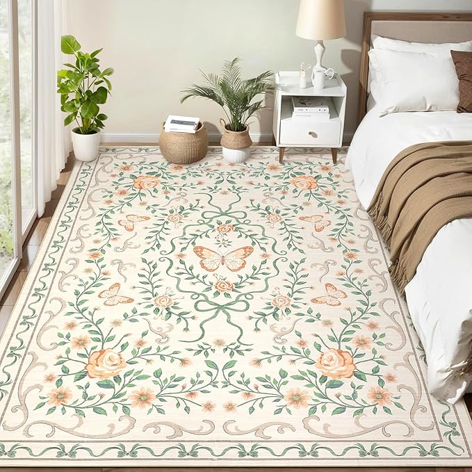 GarveeHome Floral Area Rug 4x6 Entryway Rug Low Pile Bedroom Beige Bow Rugs Non Slip Stain Resistant Dining Room Throw Carpet Small Living Room Butterfly Rugs Soft Boho Mats for Kitchen Nursery, 4x6