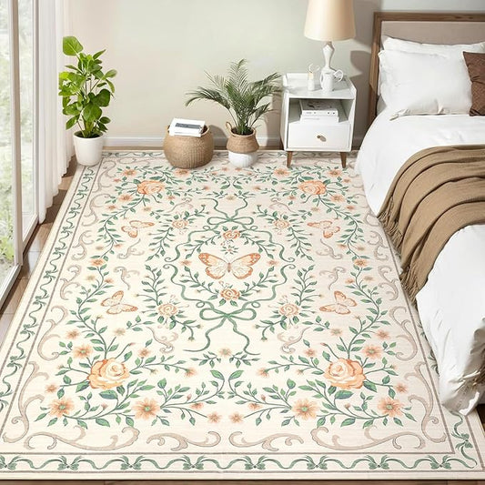 GarveeHome 3x5 Small Area Rug for Bedroom Floral Washable Rugs Non Slip Stain Resistant Living Room Throw Carpet Low Pile Dining Room Beige Area Rug Butterfly Bow Rugs for Nursery Home Decor, 3x5