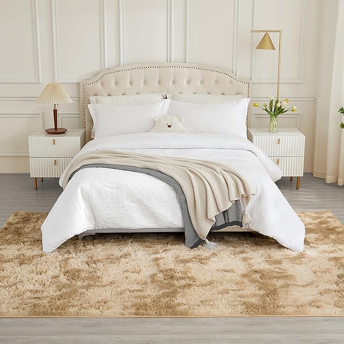 Andency 6x9 Area Rugs, Large Shag Fluffy Soft Shaggy Rugs for Living Room Bedroom, Non-Slip Tie-Dyed Khaki Thick Plush Carpet for Kids Girls and Boys, Dorm Nursery Home Decor Aesthetic