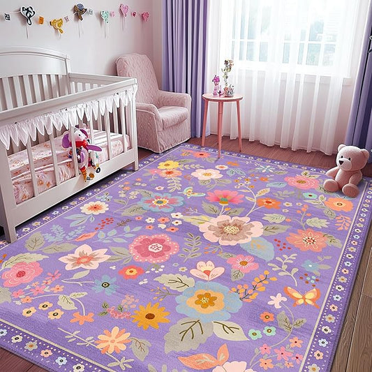 Floral 6x9 Area Rug Machine Washable Soft Print Boho Carpet Non Slip Doormat Low Pile Flower Area Rugs for Living Room Bedroom Nursery Kitchen Dining Room Indoor-Purple/Pink/Multi