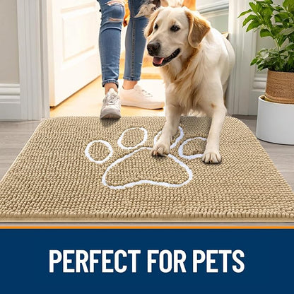OLANLY Dog Door Mat for Muddy Paws 30x20, Paw Print Design, Absorbs Moisture and Dirt, Absorbent Non-Slip Washable Doormat, Quick Dry Chenille Mud Mat for Dogs, Entry Indoor Entryway Carpet, Beige