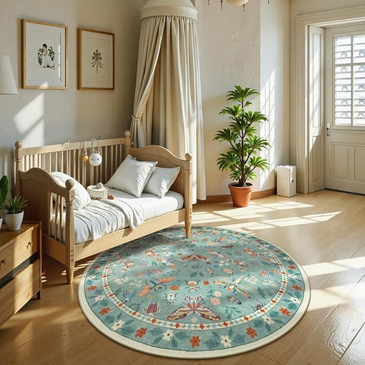 Lahome Insect Washable Round Rugs, Non-Slip Soft Round Rug 4ft Ultra-Thin, Small Boho Circle Carpet for Entryway Kitchen Bedroom Nursery Bathroom, Green