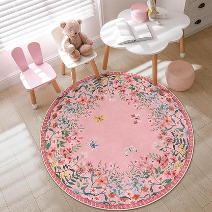 Wonnitar Washable 5ft Round Area Rug, Pink Floral Living Room Rugs for Bedroom Girls, Low Pile Soft Botanical Throw Carpet for Kids Nursery Room (Pink,5ft-Round)
