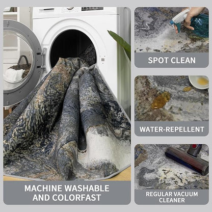 Modern Washable Rug for Living Room: Abstract 5x7 Area Rugs for Bedroom Low Pile Non Slip - Stain Resistant Carpet for Dining Room Indoor - Grey Gold