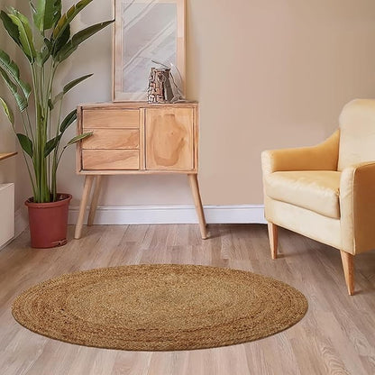 REDEARTH · Round Area Rug - 4 Feet Braided Natural Jute with Non-Skid Backing - Handwoven Boho Rug for Bedroom, Kitchen, Living Room - Farmhouse Aesthetic Home Decor - Durable Handmade Rug