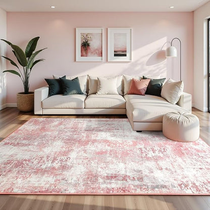 Washable Abstract Rug, 3x5 Modern Area Rugs with Non-Slip Rubber Backed for Bedroom, Thin but Soft Contemporary Carpet Kitchen Living Room Decor, Pink