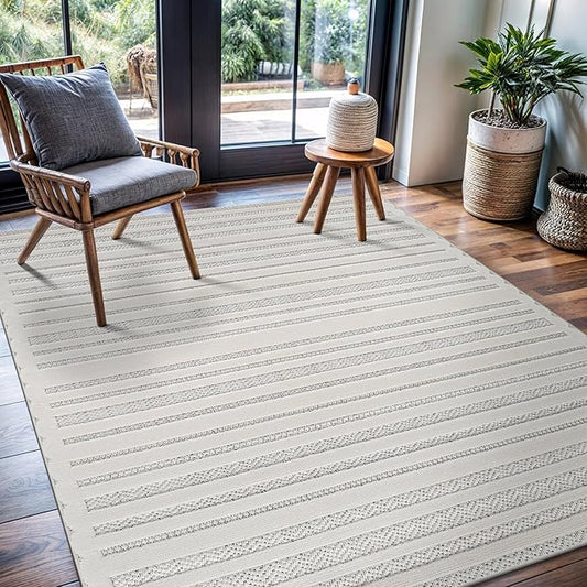 CAMILSON Modern Rug 8x10 Luxury Striped Line Micro Loop Area Rugs Soft High-Low Pile Stain Resistant Easy to Clean Non-Shedding Durable Living Room Kitchen Indoor Carpet (White)