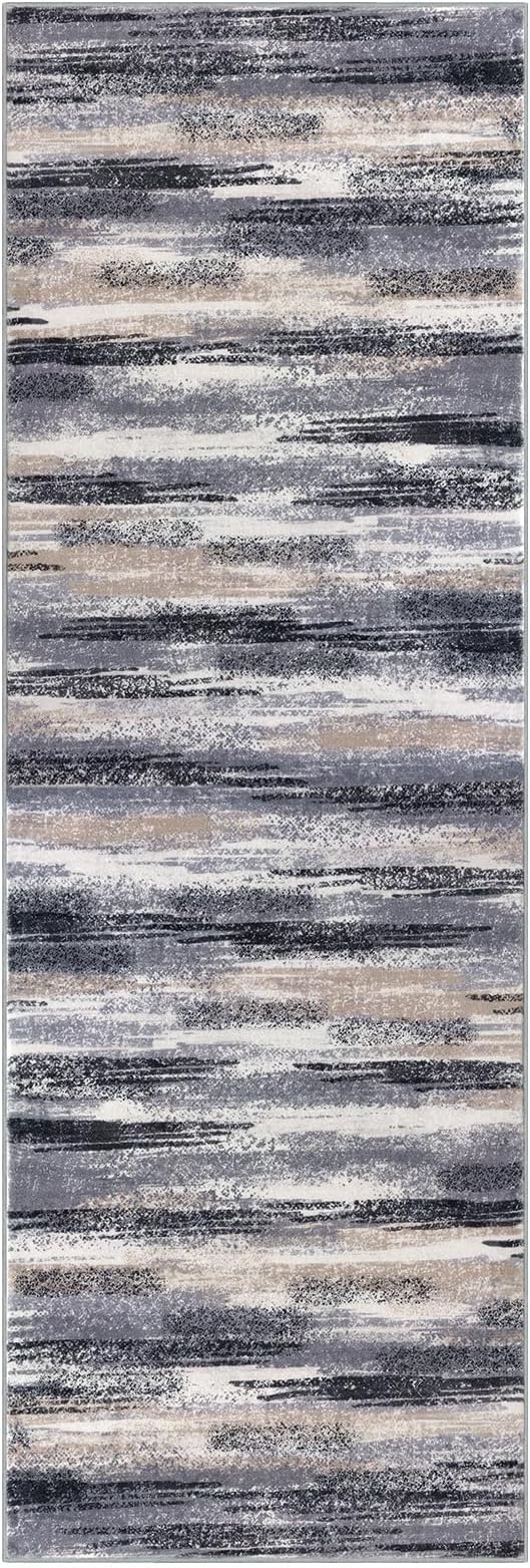 Modern Abstract Runner Rug 3x8, Grey Black Multi Washable Kitchen Runner Non-Slip Soft Hallway Rug Runner Thin Print Faux Wool Carpet for Entryway Bedroom Laundry Room Indoor Home Office Decor