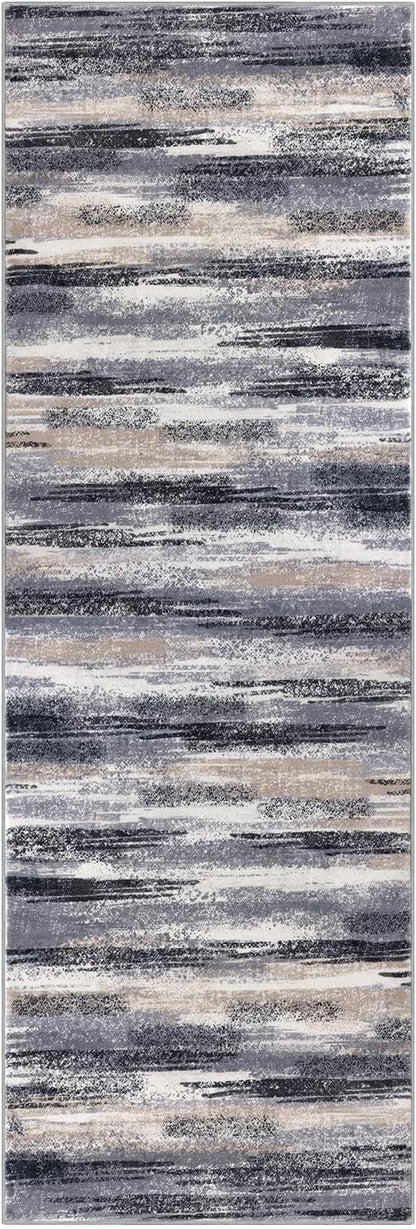Modern Abstract Runner Rug 14' x 2'7'' (Runner), Grey, 0.32 Inch Thick, Non-Slip, Machine Washable, Faux Wool