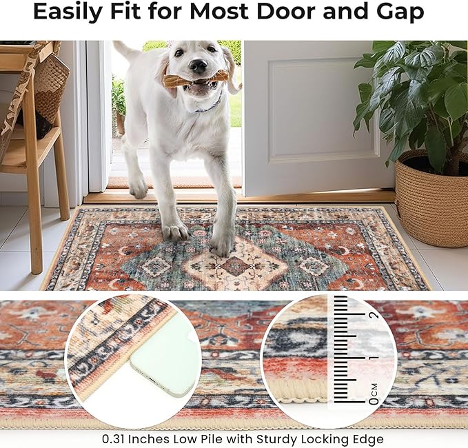 KOZYFLY Boho Area Rug 3x5 Ft Rugs for Entryway Washable Entry Rug Non Slip Door Mat Indoor Entrance Rust/Orange/Blue Printed Faux Wool Vintage Kitchen Rug Throw Rugs for Entrance Kitchen Living Room