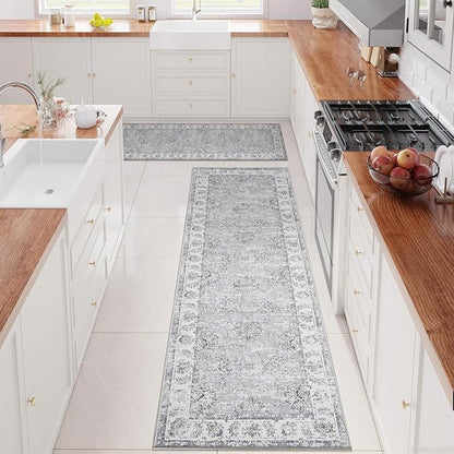 jinchan Fiora Runner Rug 3x8-2pcs Kitchen Washable Vintage Rug Hallway Rug Floral Print Floor Cover Indoor Thin Retro Mat Accent for Bathroom Laundry Room Bedroom Office Farmhouse (Double,Grey)