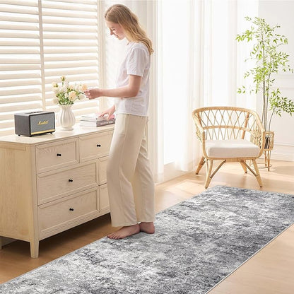 3X8 Washable Runner Rug for Hallway: Soft Neutral Modern Abstract Area Rug - Non-Slip Low Pile Long Throw Indoor Carpet for Kitchen Entryway Kitchen Bedroom Laundry Bathroom - Grey