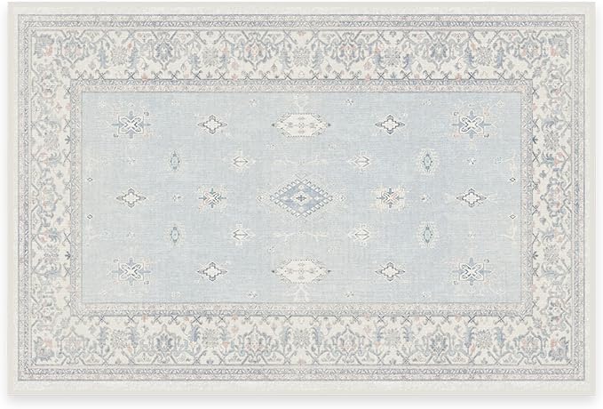 RUGGABLE Washable Vintage Area Rug – Verena Soft Blue 2x3, Stain-Resistant, Non-Slip – Small Machine Washable Rugs for Living Room, Bedroom, Hallway, Entryway & Bathroom–with Standard Pad