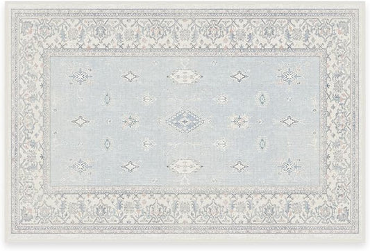 RUGGABLE Washable Vintage Area Rug – Verena Soft Blue 2x3, Stain-Resistant, Non-Slip – Small Machine Washable Rugs for Living Room, Bedroom, Hallway, Entryway & Bathroom–with Standard Pad