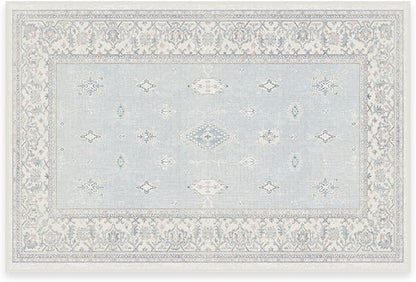 RUGGABLE Washable Vintage Area Rug – Verena Soft Blue 2x3, Stain-Resistant, Non-Slip – Small Machine Washable Rugs for Living Room, Bedroom, Hallway, Entryway & Bathroom–with Cushioned Pad