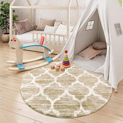 Lahome Moroccan Round Rug - 3x3 Washable Non-Slip Small Bathroom Rug Throw Soft Kids Nursery Room Rugs, Modern Print Distressed Round Carpet for Bedroom Sofa (Taupe, 3Ft-Round)