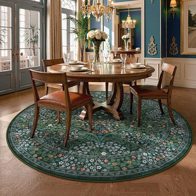 Lahome Floral Washable Round Area Rug, Soft Round Rugs 6ft Ultra-Thin Non-Slip, Boho Stain Resistant Large Circle Carpet for Bedroom Living Room Kitchen Nursery, Dark Green